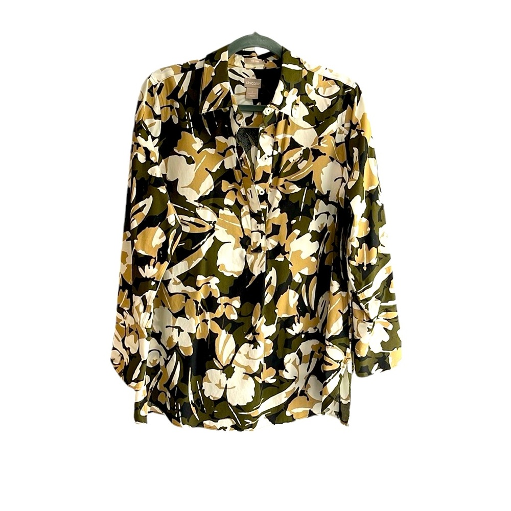 Chicos, camo shirt…Sz2… Quarter button… Long sleeve/double cuff… Photo measures